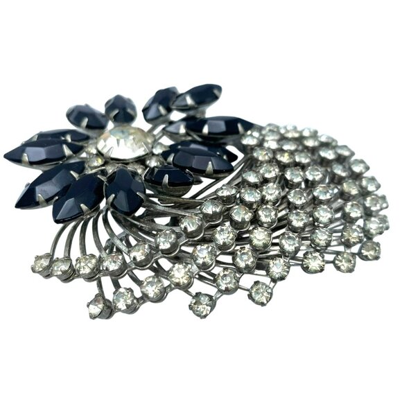 Vintage Rhinestone MCM 50’s 60’s Brooch Large Flower Floral Pin Black Glass - Picture 4 of 7